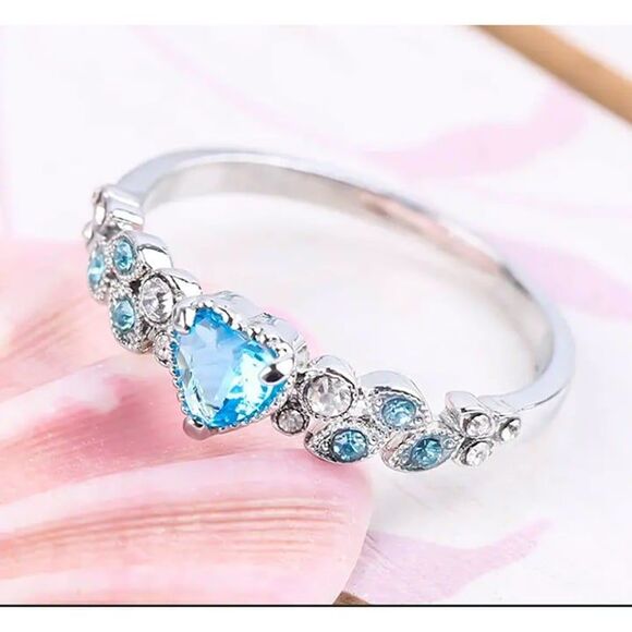 Silver Light BLUE HEART Stone & Leaves Ring Size 7 - Picture 5 of 5